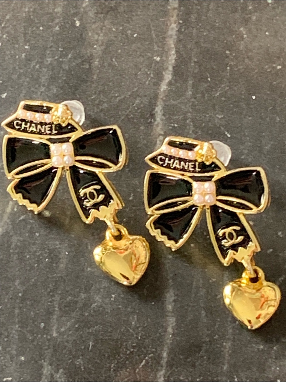 NEW! Chanel Inspired Black Enamel Bow Drop Earrings